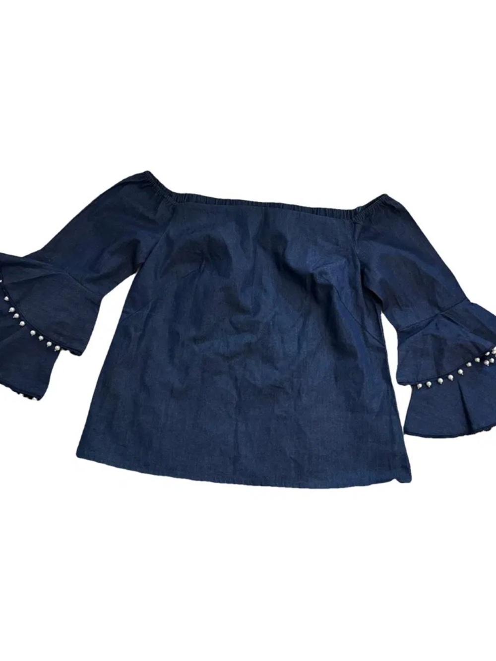 Intermix Off-Shoulder Navy Denim Top with Bell Sleeves and Pearls Size S